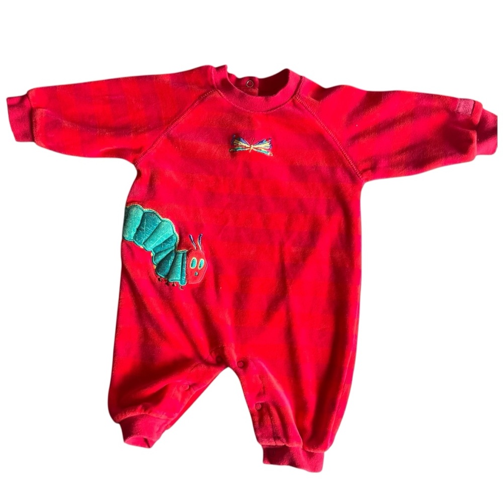 Vintage carters hungry caterpillar red velour striped one piece play suit 3/6m